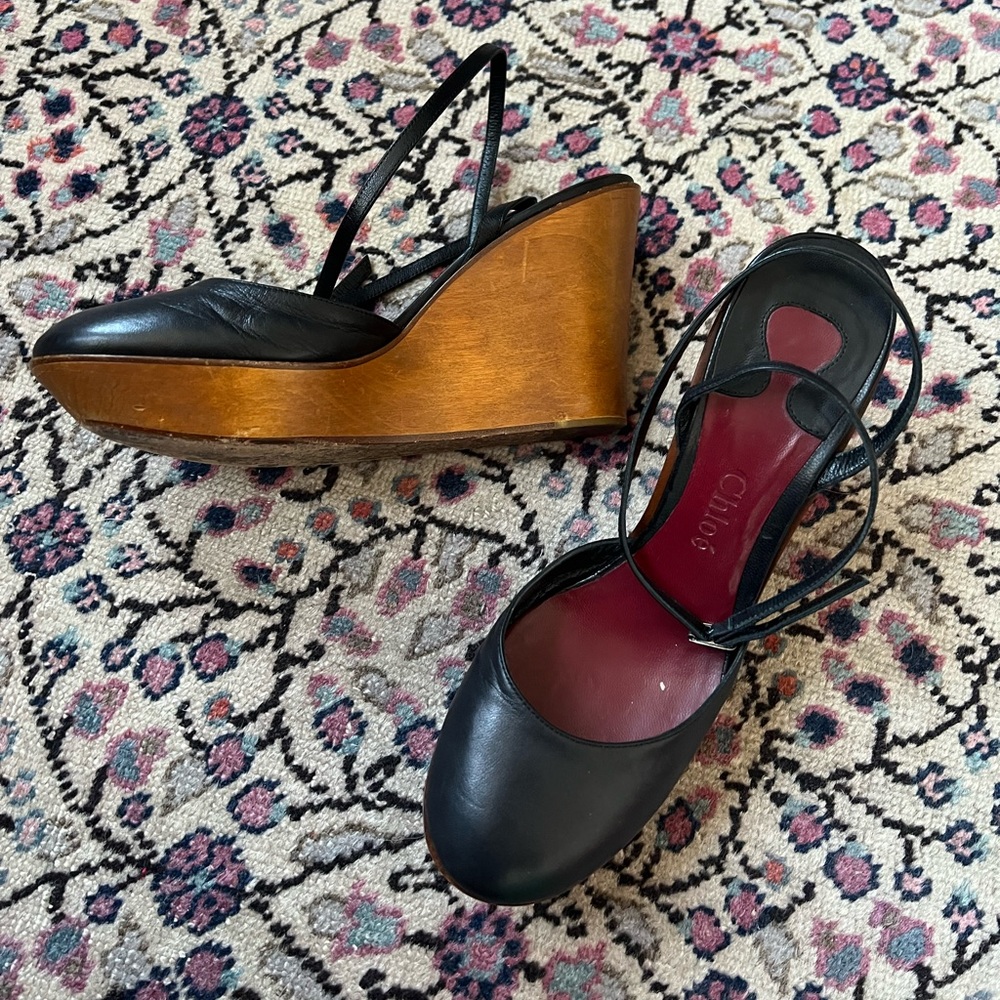 Chloe leather sling back pumps black with wooden skinny  wedge heel
